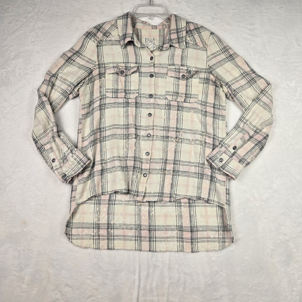 Billabong Womens White Pink Black Yellow‎ Plaid Shirt Large Y2K Raw Hem
